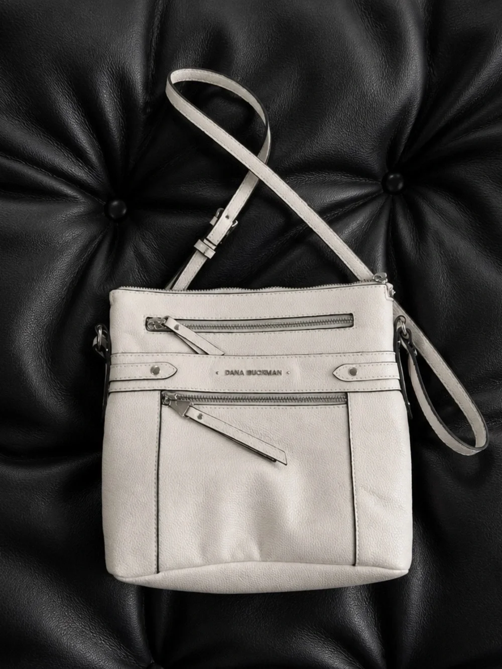 Dana Buchman White Crossbody Faux Leather Bag with Multiple Zip Pockets